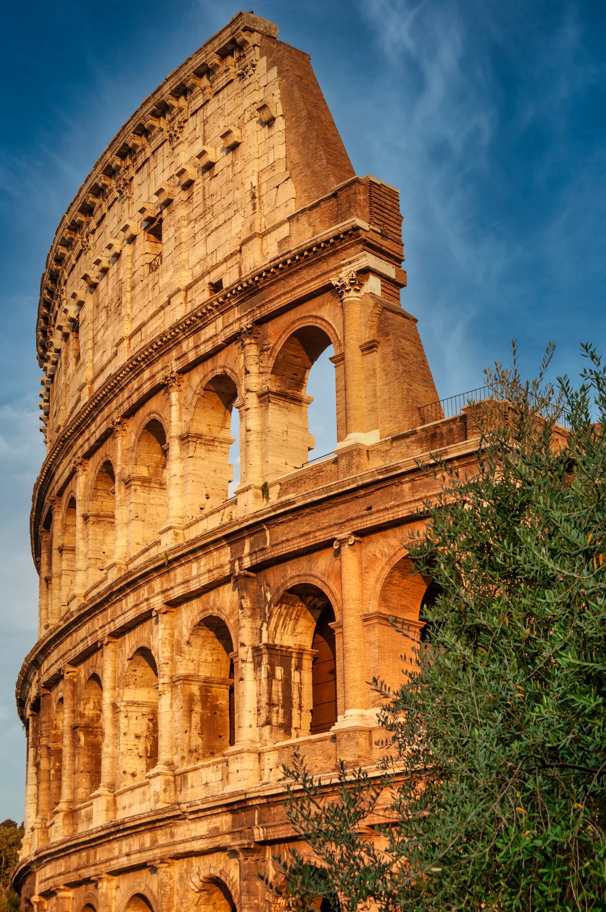 Dettaglio verticale del Colosseo illuminato da luce calda