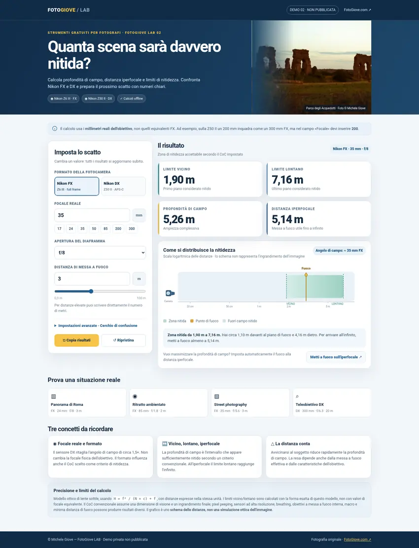 Anteprima del calcolatore di profondità di campo