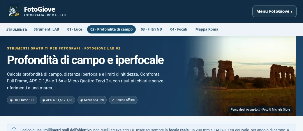 Anteprima del calcolatore di profondità di campo