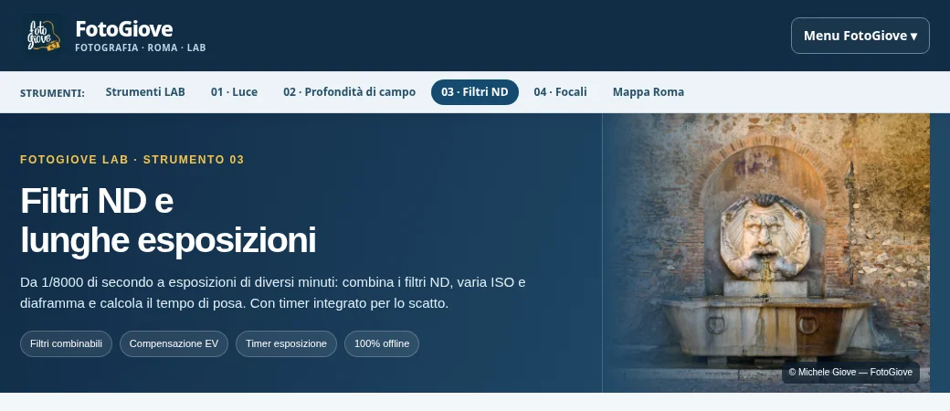 Anteprima del calcolatore di filtri ND e lunghe esposizioni